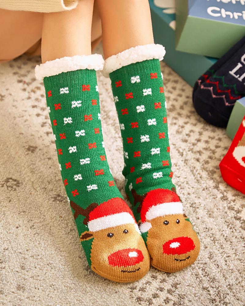 

1Pairs Christmas Pattern Fluffy Socks, Green