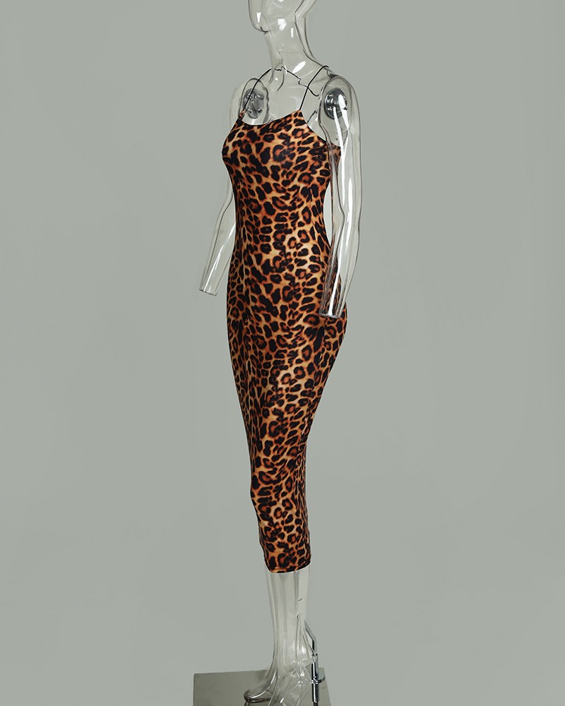 spaghetti strap leopard print bodycon dress