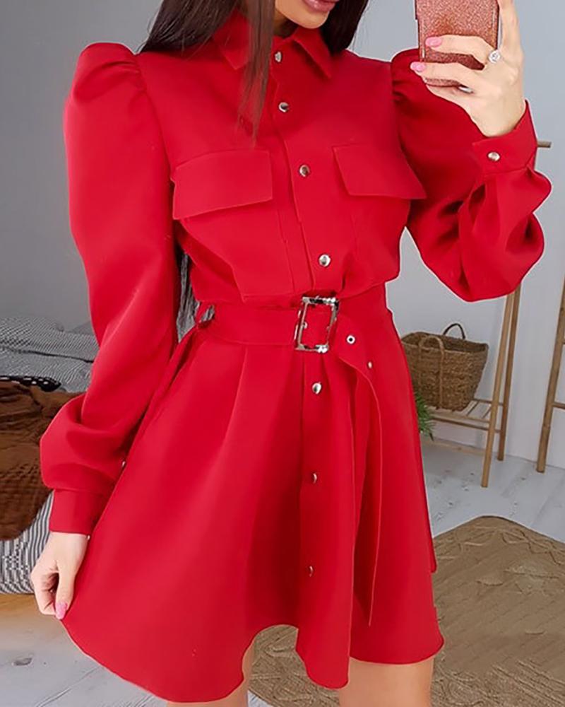 

Plain Puff Sleeve Button Design Dress With Belt, Red