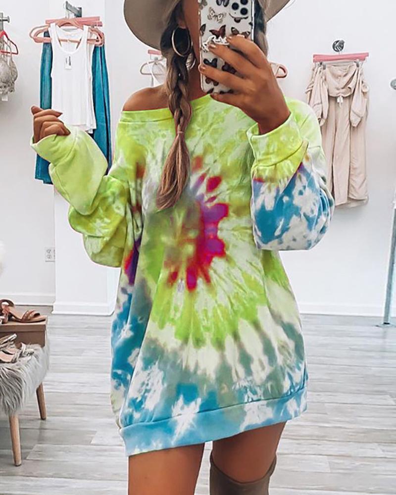 

Tie Dye Print Long Sleeve Casual Top, Green