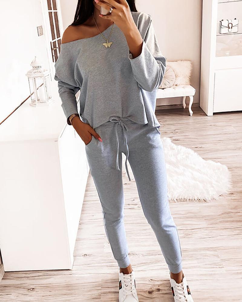 

One Shoulder Top & Drawstring Pants Set, Gray