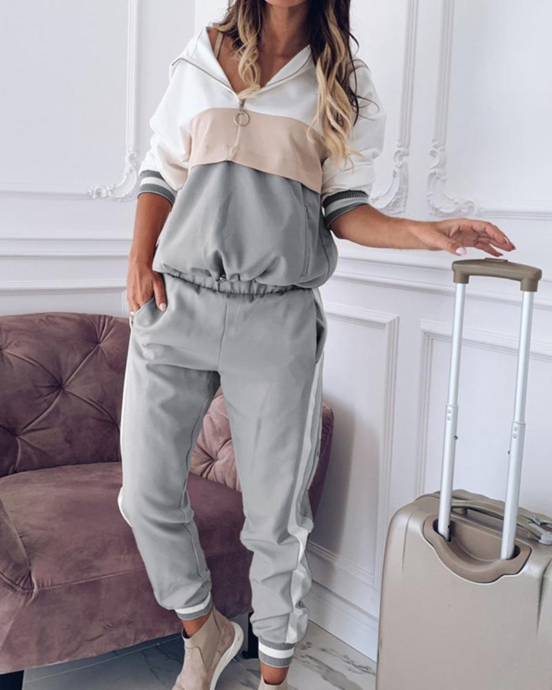 

Colorblock Zipper Design Hooded Top & Pants Set, Gray