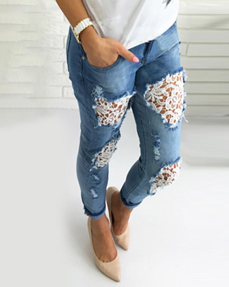 

crochet Lace Fringe Hem Ripped Jeans, Blue