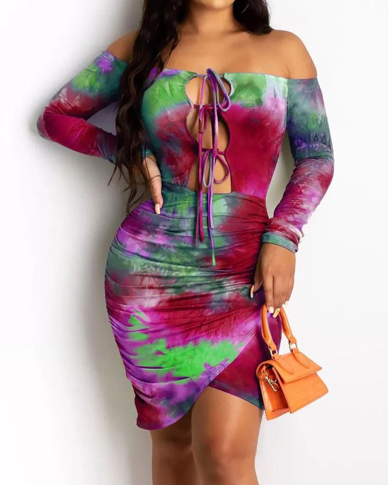 

Off Shoulder Tie Dye Print Bodycon Dress, Wine red