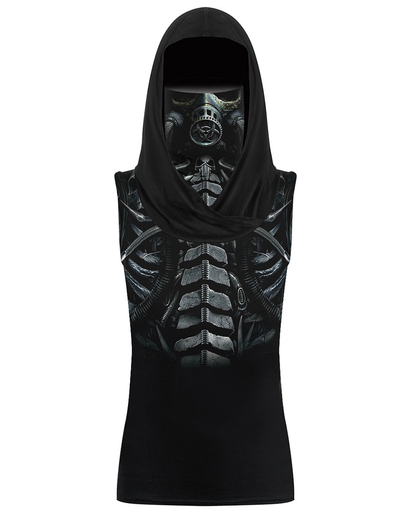 

Skull Print Hooded Tank Top With Ear Loop Face Bandana, Black
