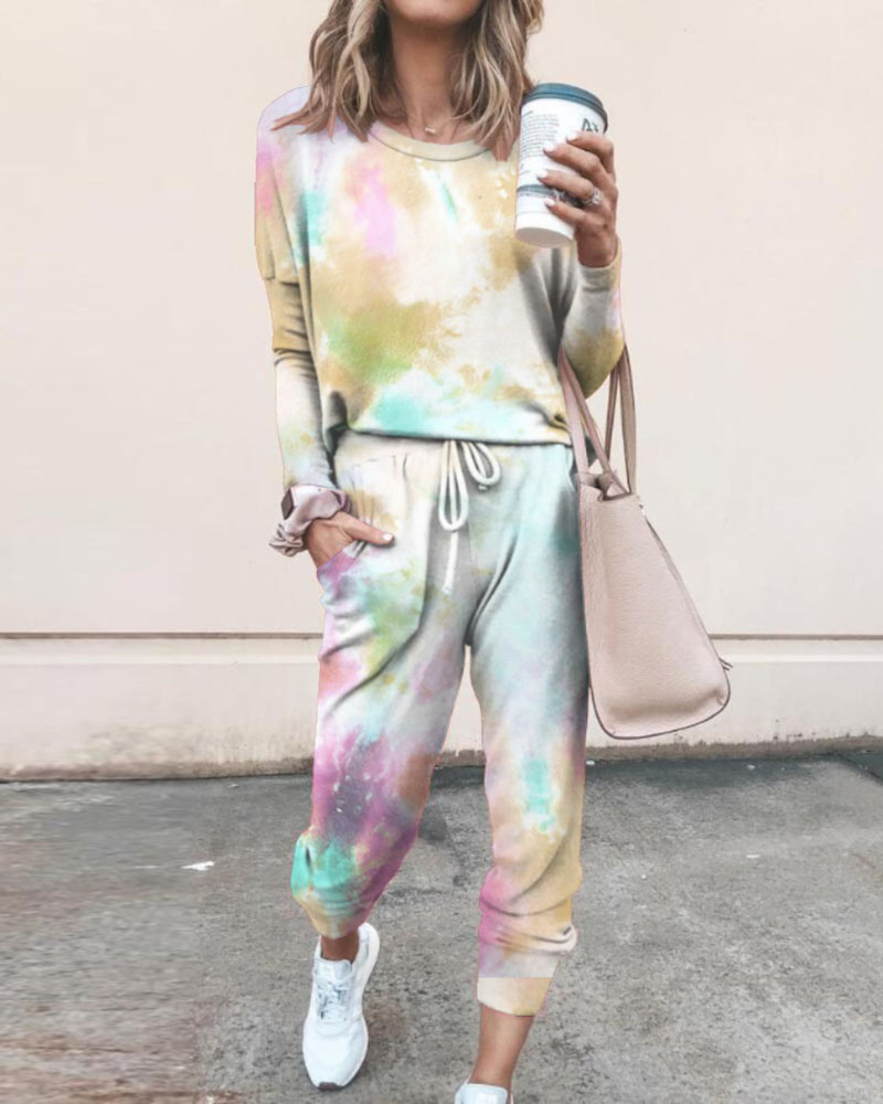 

Tie Dye Print Women Top & Drawstring Pants Set, Multicolor