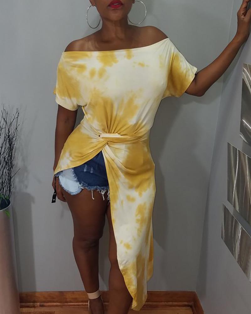 

Tie Dye Print Off Shoulder Irregular T-Shirt, Yellow