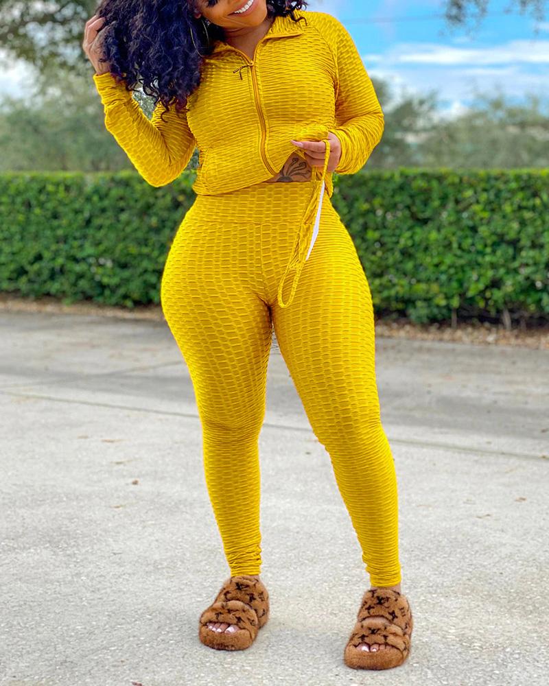 

Zipper Design Long Sleeve Women Top & High Waist Pants Set, Yellow