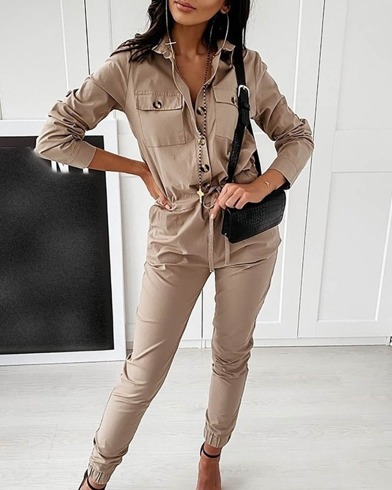 

Button Front Drawtsring Pocket Design Cargo Jumpsuit, Khaki