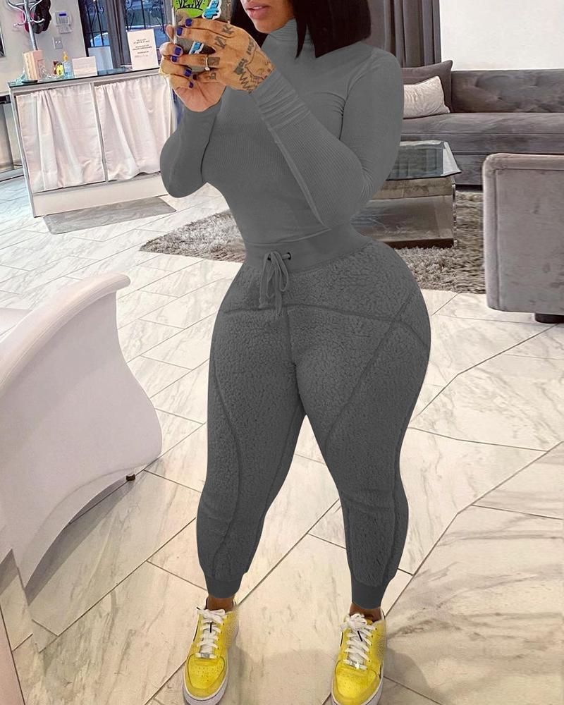 

High Neck Top & Drawstring Fluffy Pants Set, Dark grey