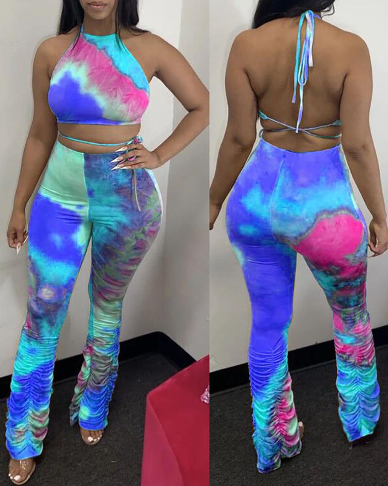 

Tie Dye Print Halter Backless Top & Ruched Pants Set, Blue