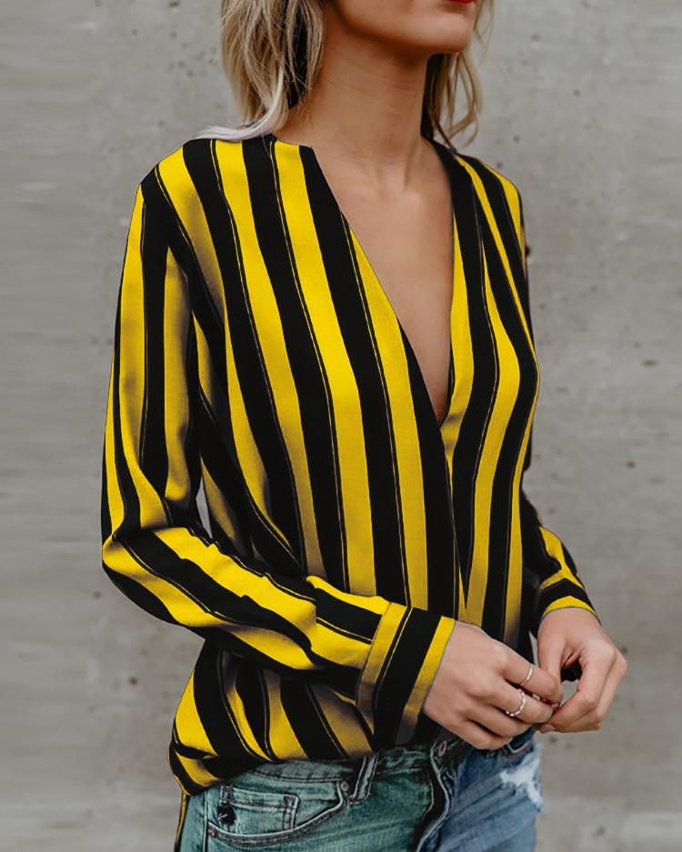 

Stripes Deep V Long Sleeve Casual Blouse, Yellow