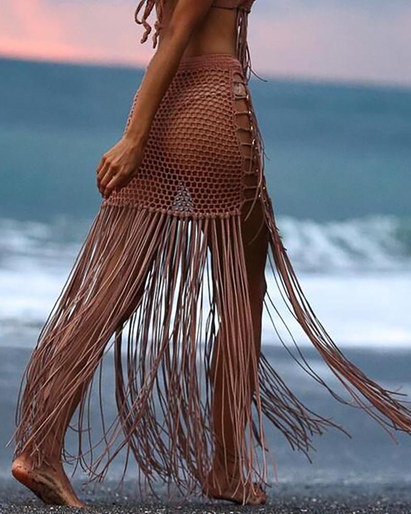 

Crochet Hollow Out Tassel Swimwear Skirt, Khaki