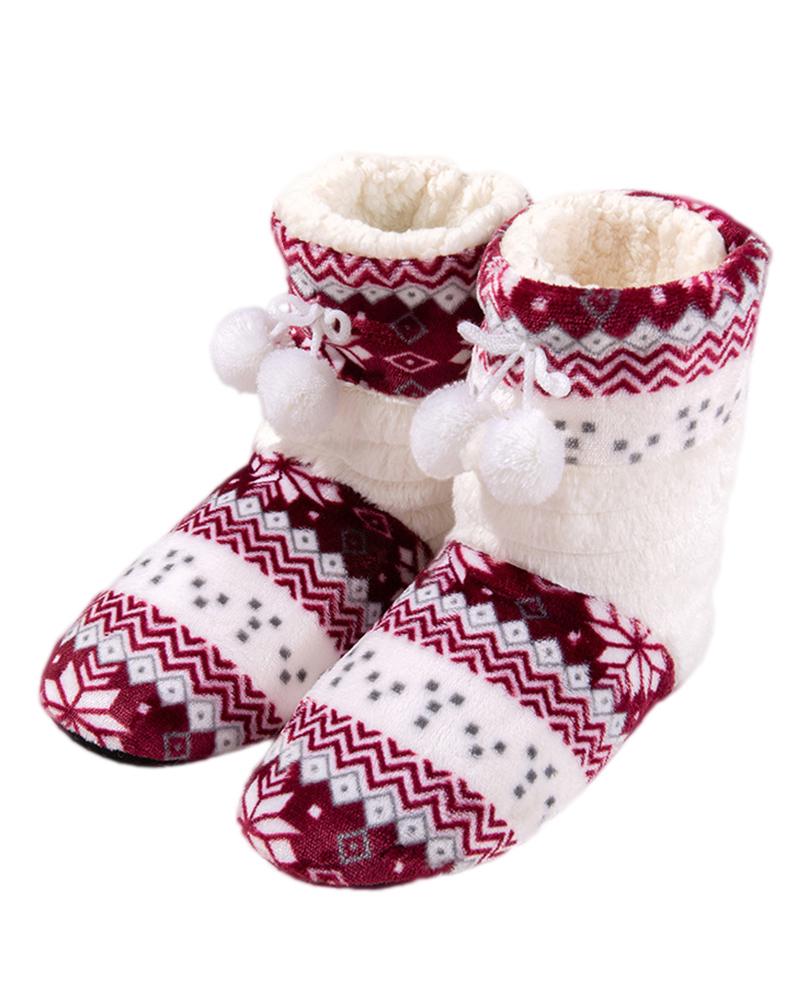 

Colorblock Pom Pom Fluffy Indoor Boots, Wine red
