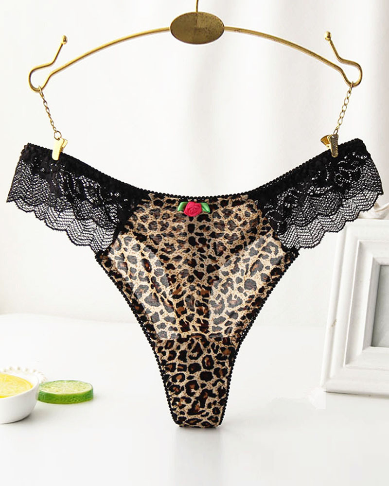 

Plain / Cheetah Sheer Mesh Lace Trim Thong Panty, Leopard