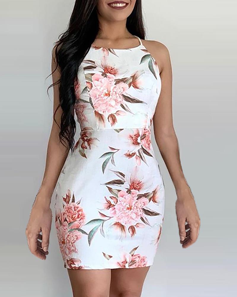 

Floral Print Sleeveless Bodycon Dress, White