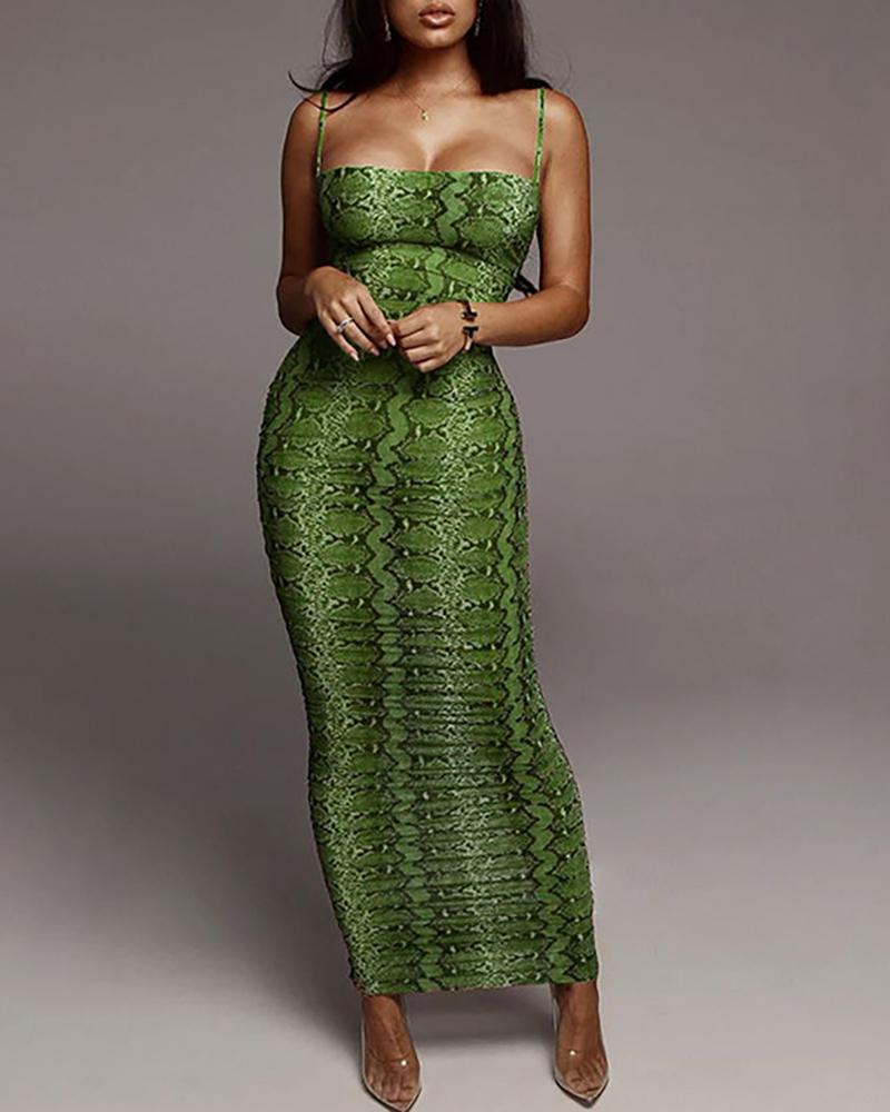 

Snakeskin Print Spaghetti Strap Dress, Green