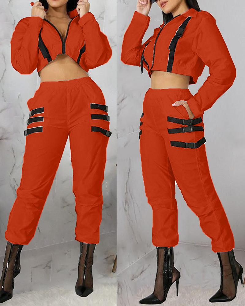 

Zipper Design Top & Colorblock Pants Set, Orange