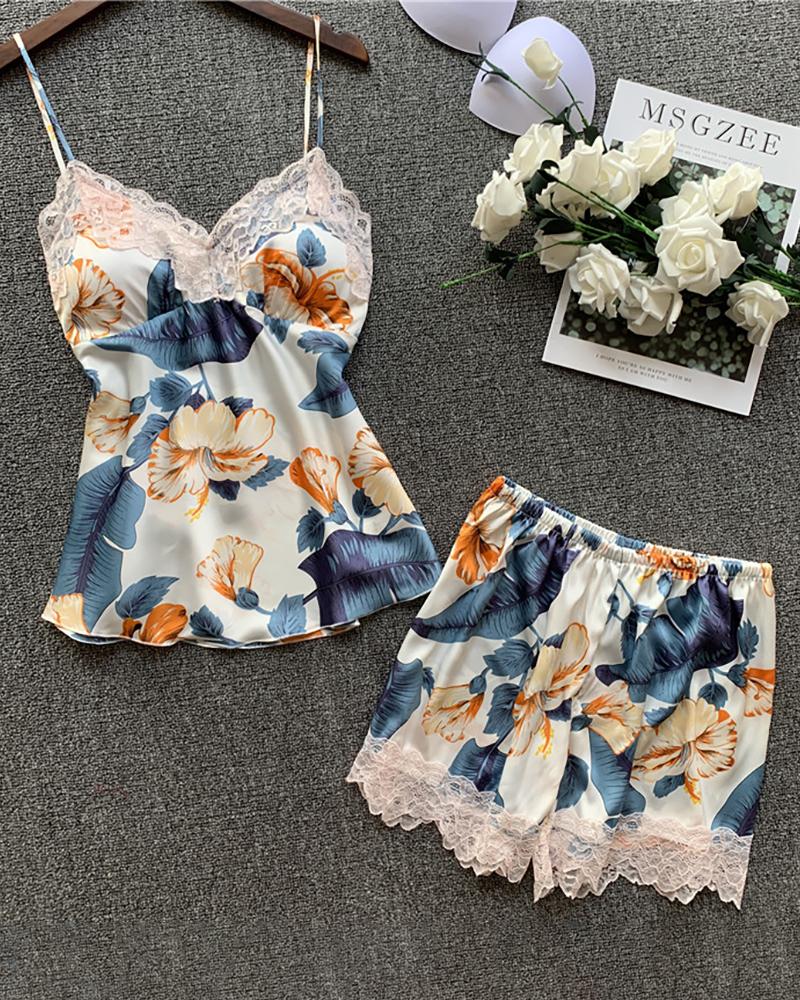 

Spaghetti Strap Floral Print Lace Trim Cami Sets, Beige