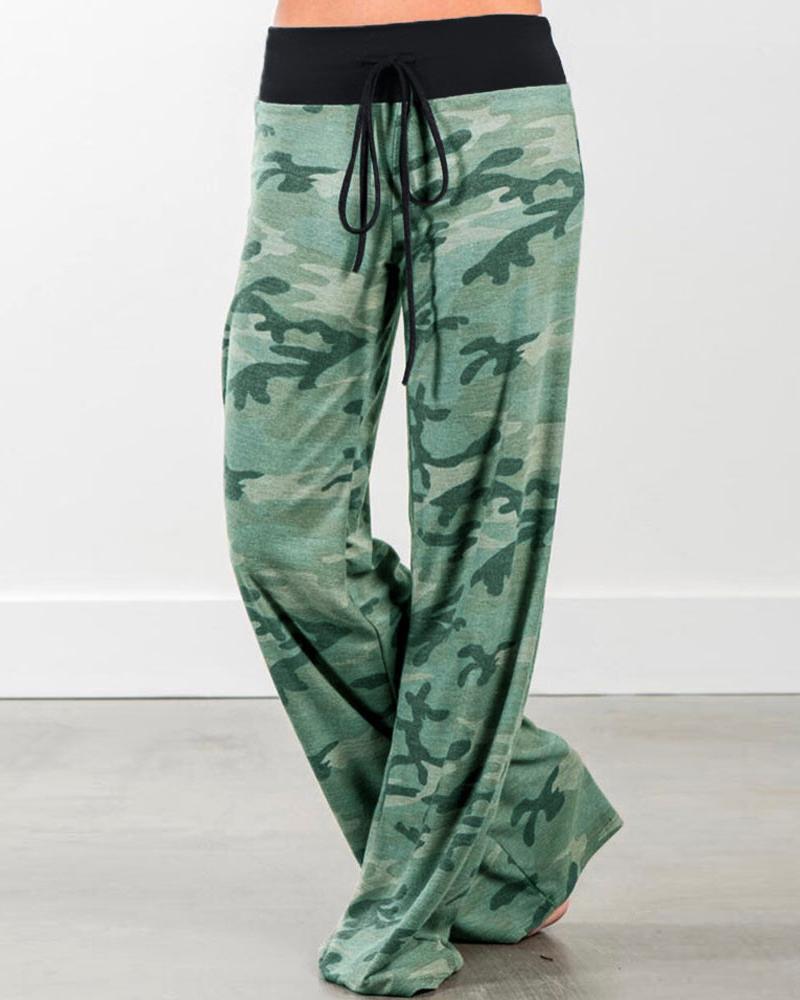 

Camouflage Print High Waist Casual Pants, Green