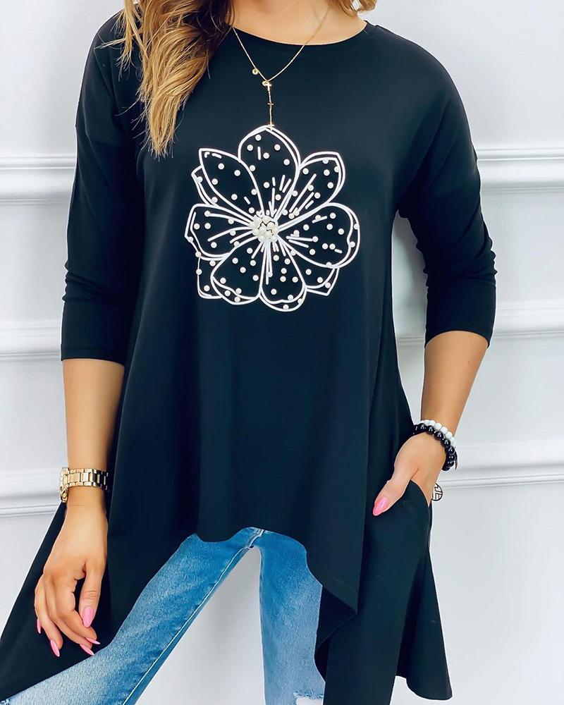 

Asymmatrical Beaded Design Floral Print Top, Black