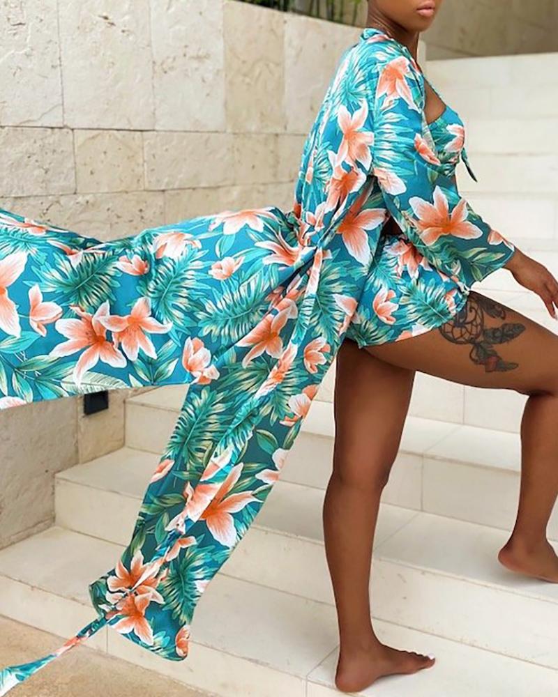 

3PCS Tropical Print Bikini Set, Blue