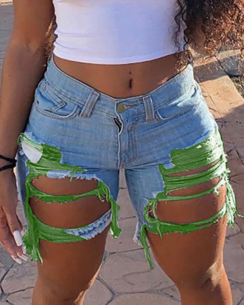 

Distressed Cutout Colorblock Fringe Hem Denim Shorts, Green