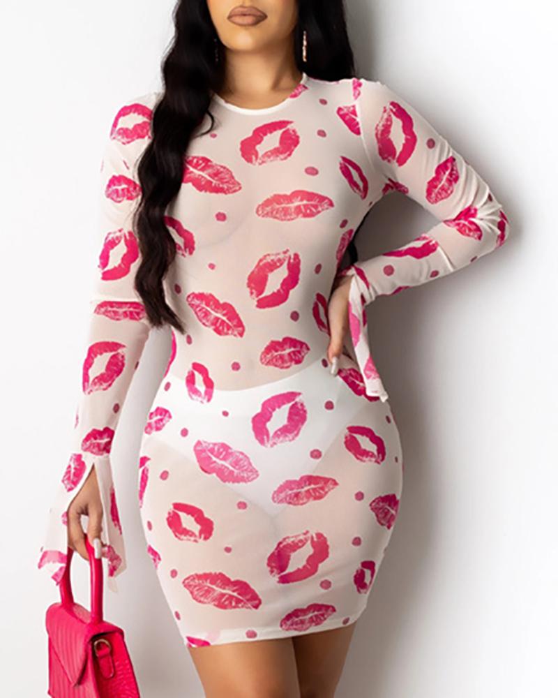 

See Through Lips Print Bodycon Dress, White