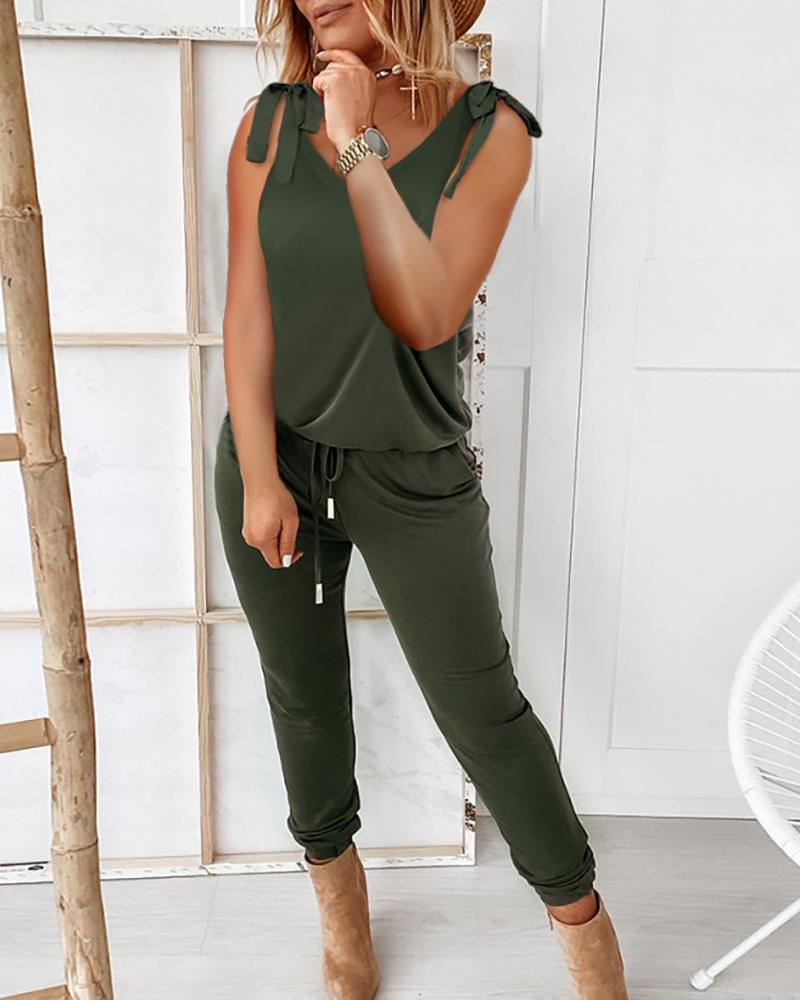 

Tied Detail Drawstring Pocket Design Casual Jumpsuit, Army green