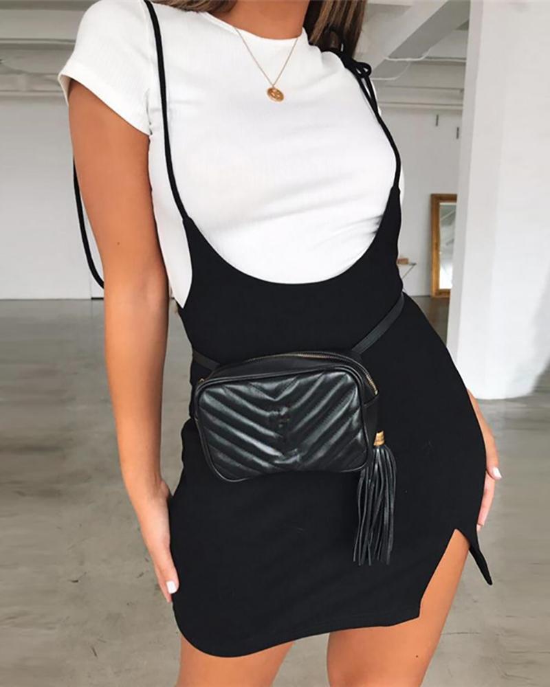 

Spaghetti Strap Tied Detail Slit Skirt, Black