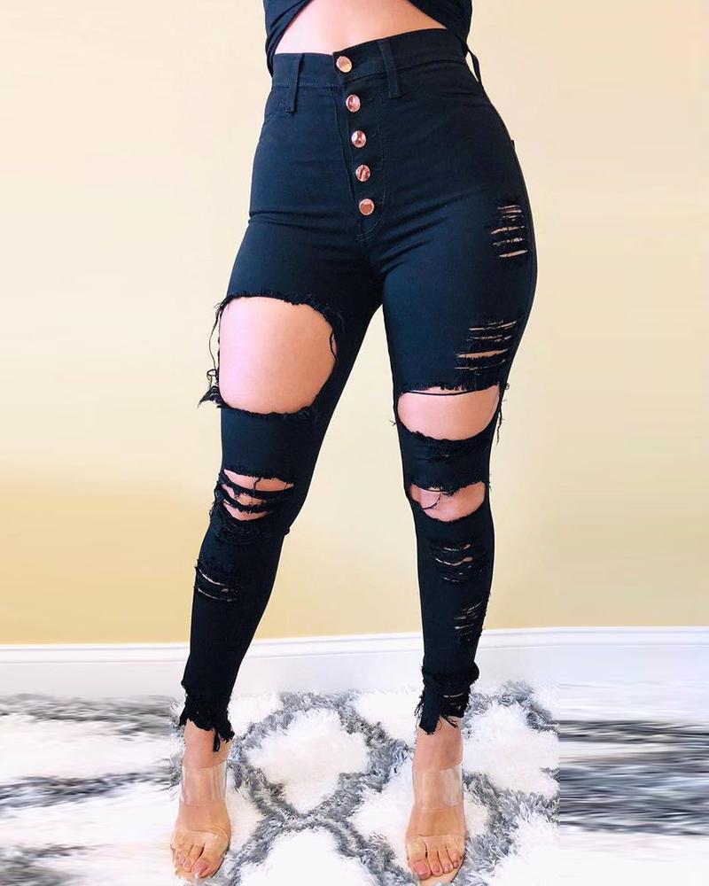 

High Waist Button Design Ladder Cutout Pants, Black