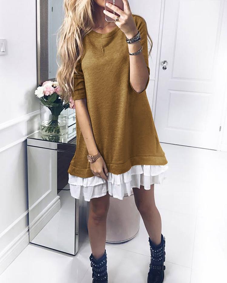

Patchwork Ruffles Hem Loose Sweatshirt Dress, Gray