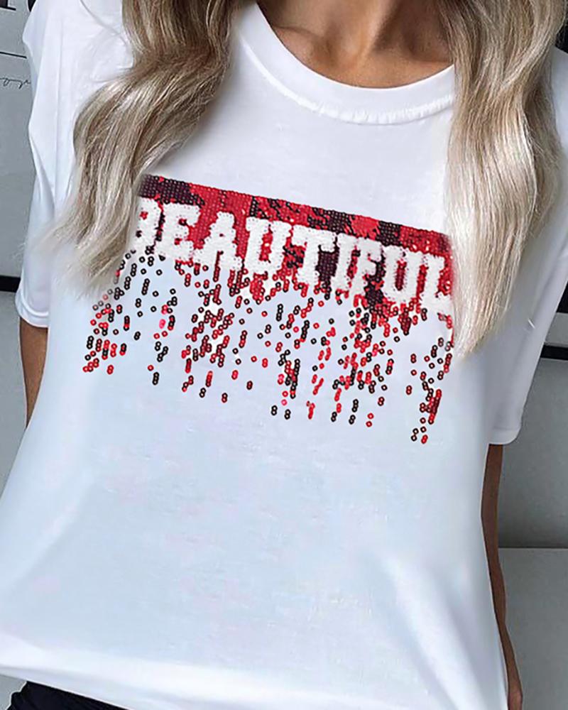 

Letter Sequins Short Sleeve T-shirt, White