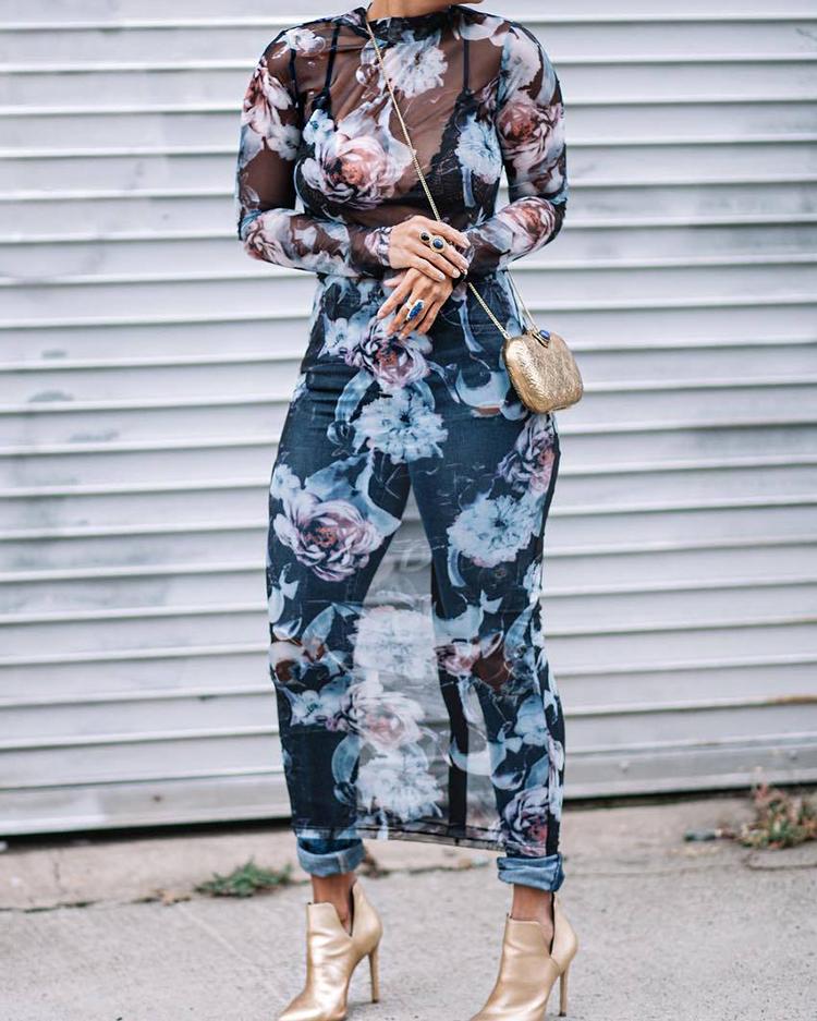 

Floral See Through Bodycon Midi Dress, Dark blue