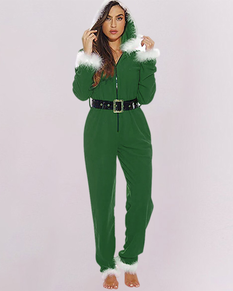 

Christmas Zipper Design Fluffy Hooded Jumpsuit, Green