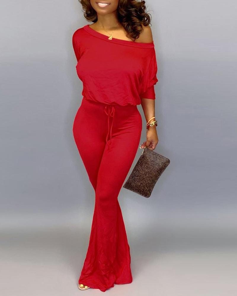 

Solid Off Shoulder Batwing Sleeve Drawstring Jumpsuit, Red