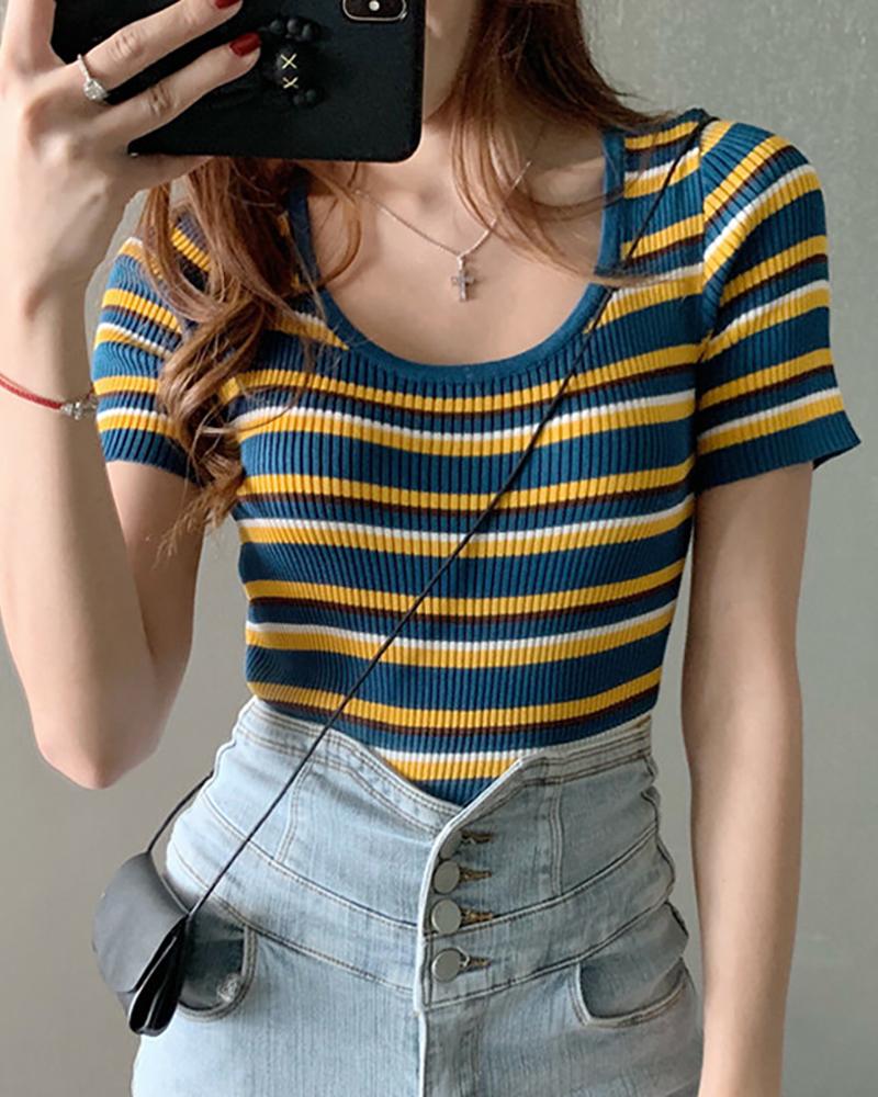 

Striped Short Sleeve Ribbed Casual T-shirt, Dark blue