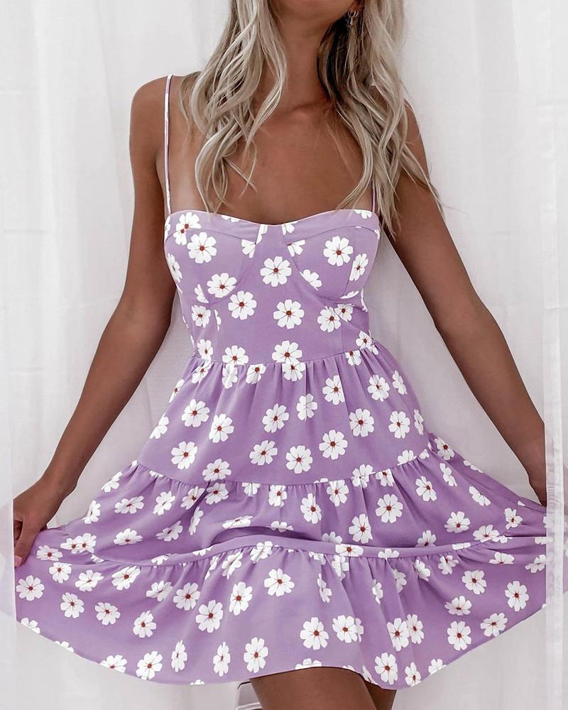 

Floral Print Ruched Spaghetti Strap Casual Dress, Purple