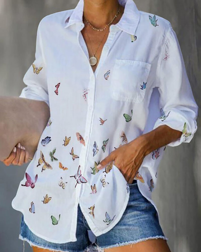 

Butterfly Print Buttoned Pocket Design Shirt, White