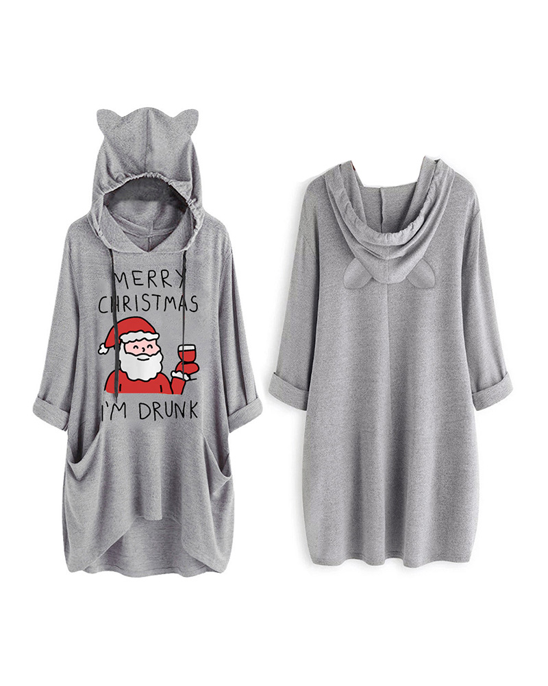 

Christmas Letter Santa Print Hooded Top, Gray