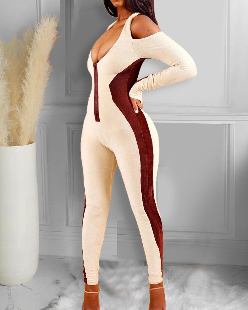 

Colorblock Cutout Zipper Design Jumpsuit, Beige