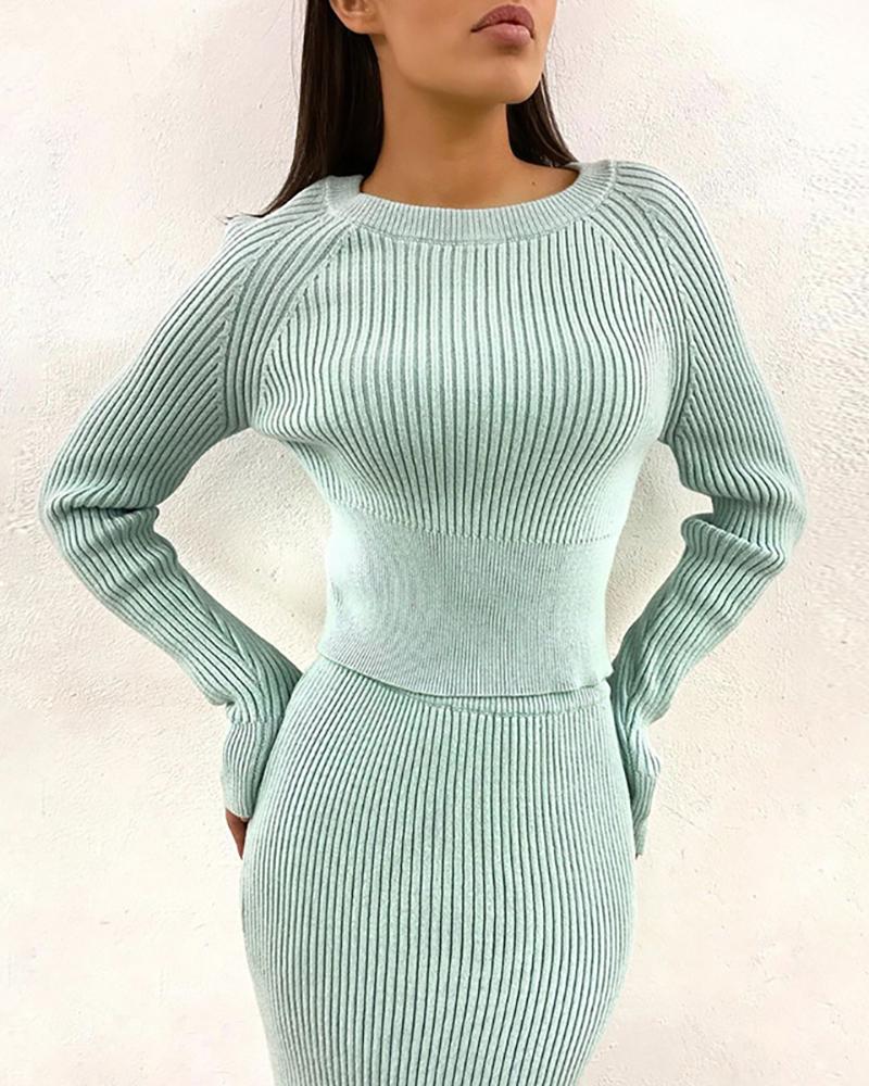 

Plain Long Sleeve Knit Top & Maxi Skirt Set, Green