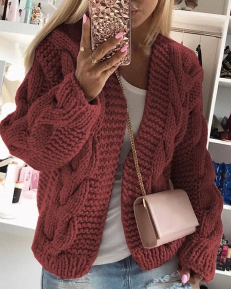 

Solid Long Sleeve Woven Knitted Loose Cardigans, Red