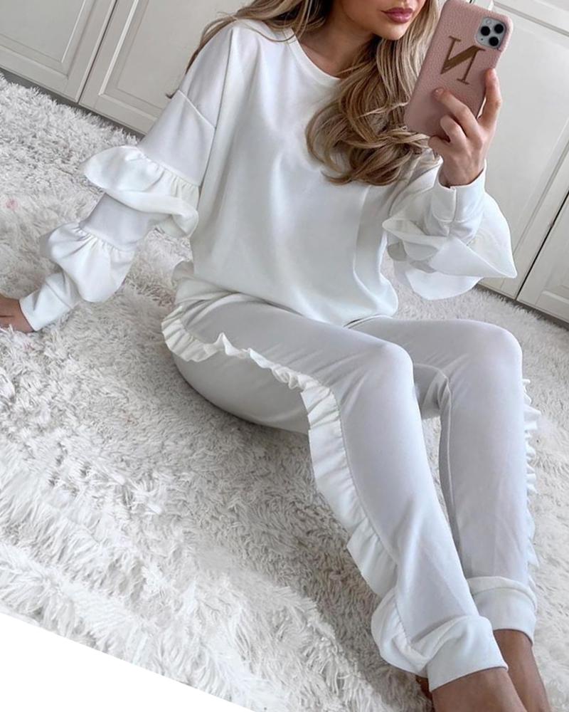 

Solid Ruched Ruffles Casual Top & Pant Set, White