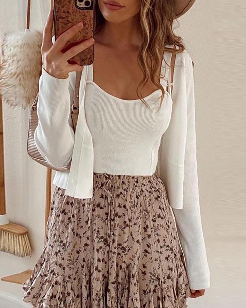 

Plain Long Sleeve Tank & Cardigan Set, White