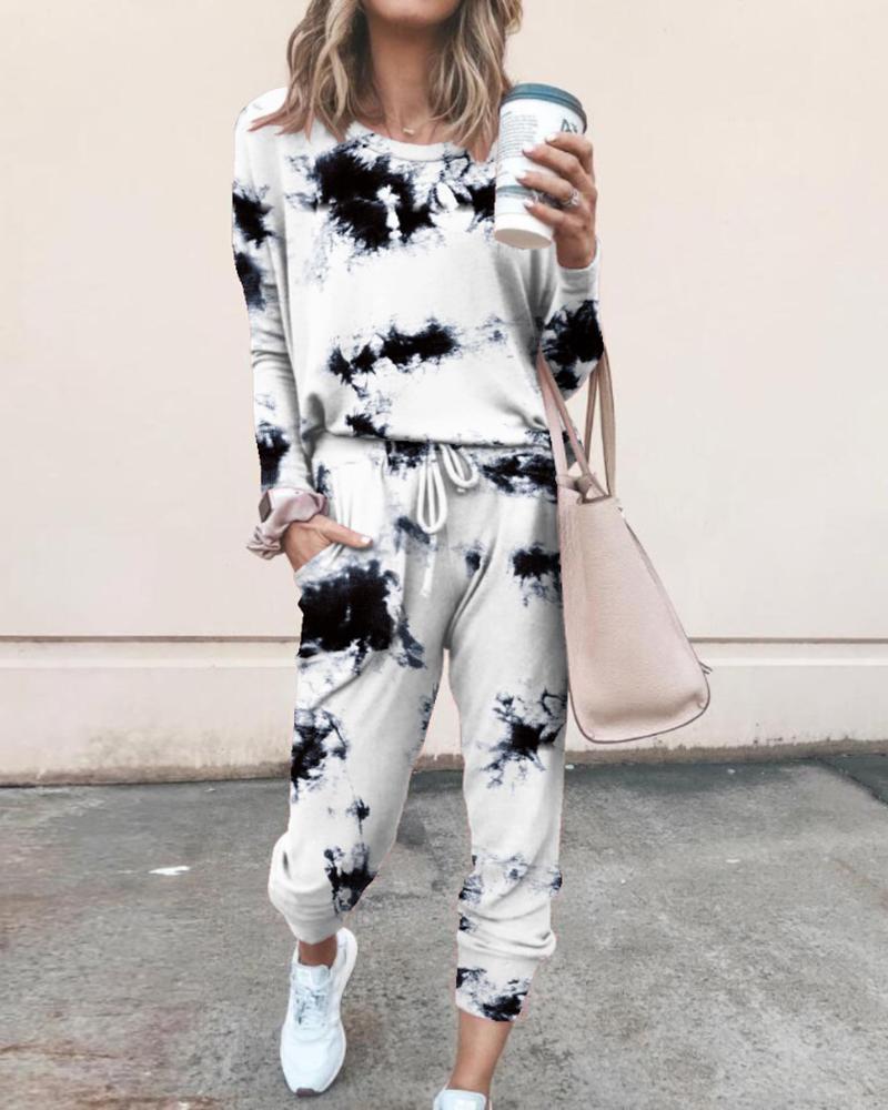 

Tie Dye Daisy Print Women Top & Drawstring Pants Set, Black