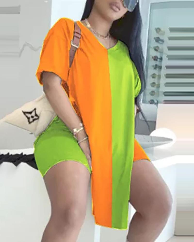 

Colorblock Short Sleeve Slit V Neck Top & Shorts Set, Green