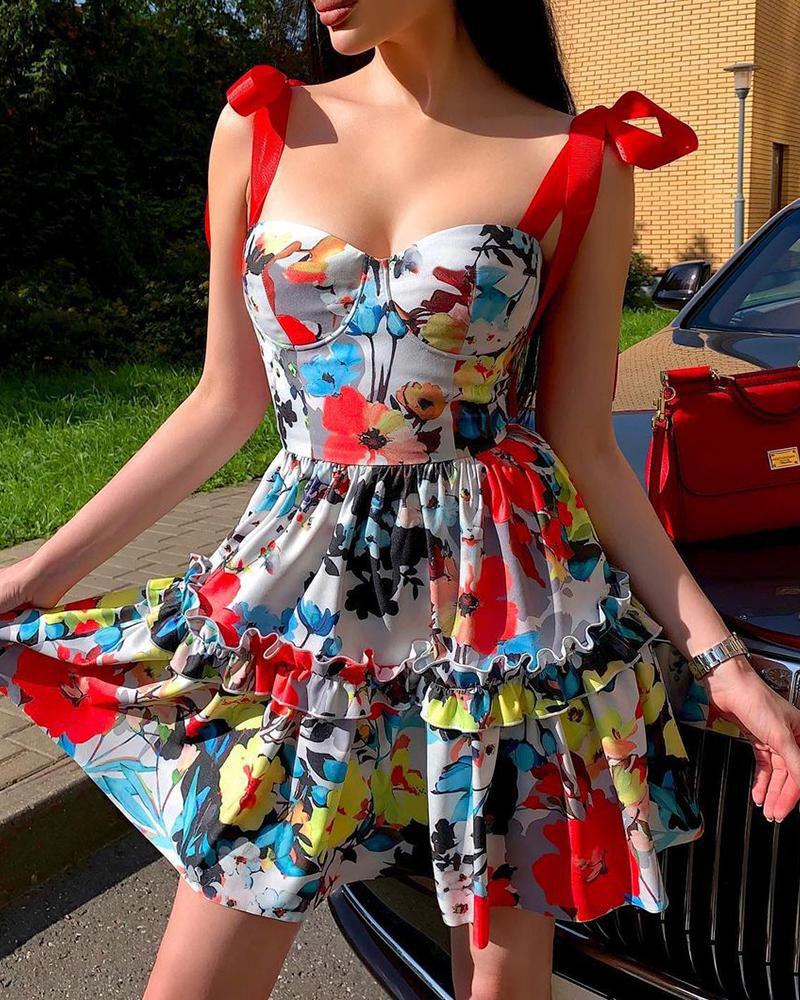 

Floral Print Ruffle Hem Cami Dress, Red