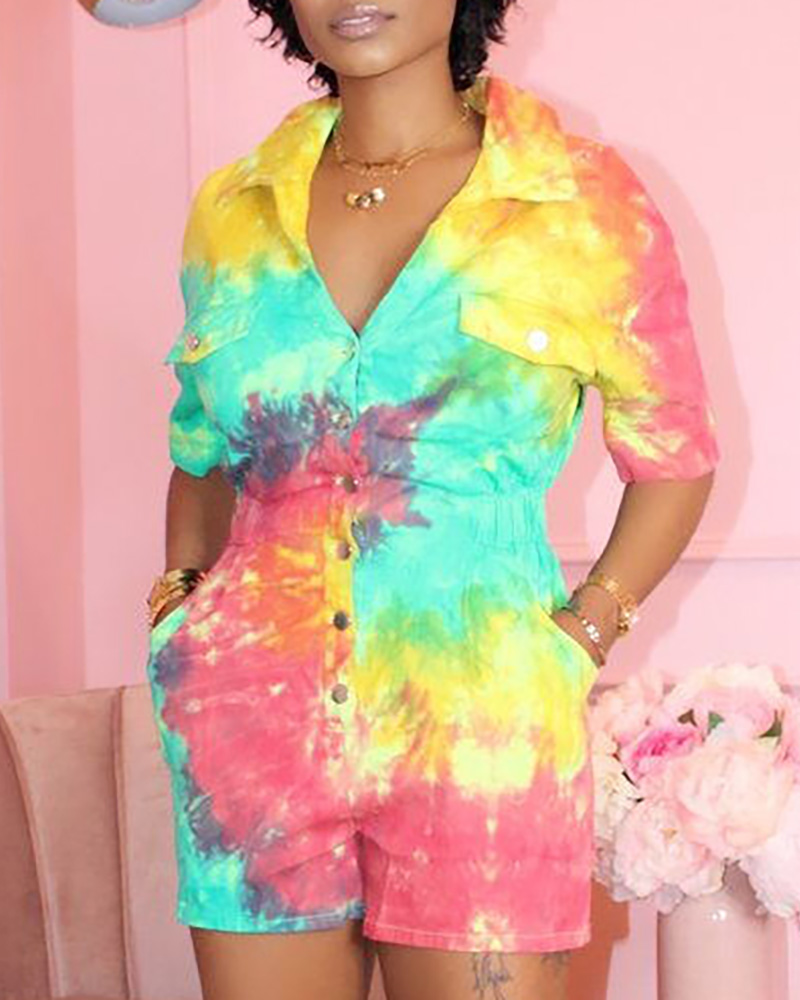 

Tie Dye Print Pocket Design Casual Romper, Multicolor