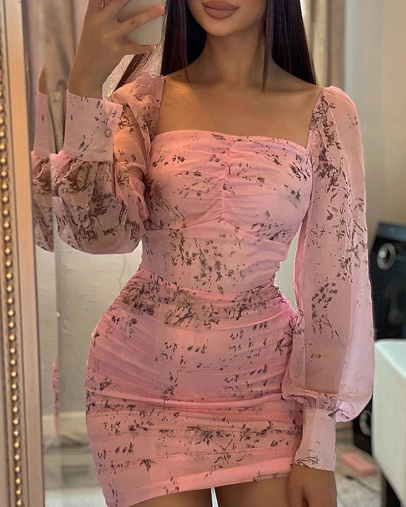 white square neck mesh ruched cut out bodycon dress